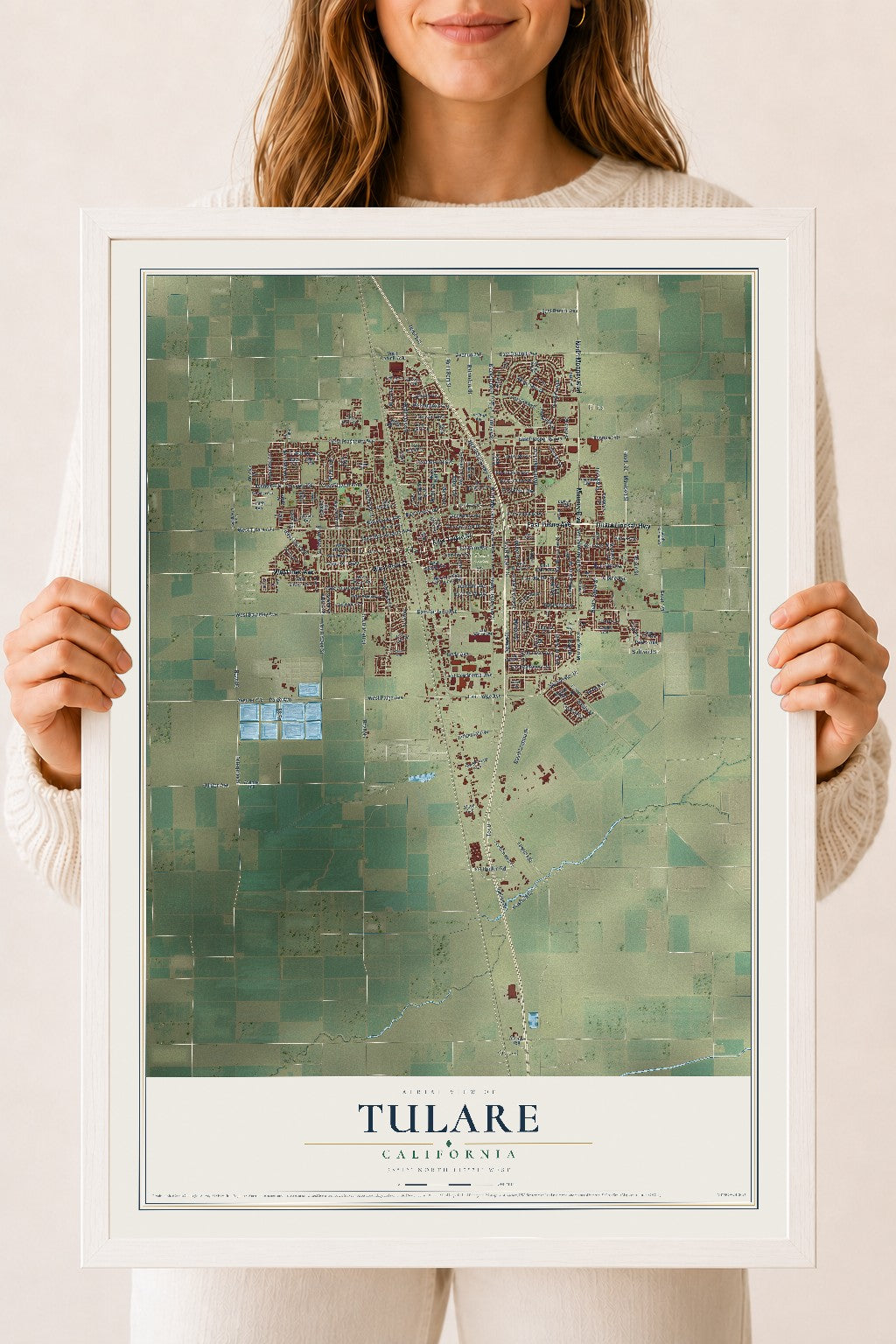 Map of Tulare, California, 18 x 24 inch print in a white wood frame