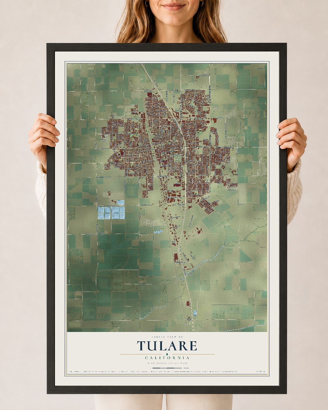 Map of Tulare, California, 24 x 36 inch print in a black wood frame