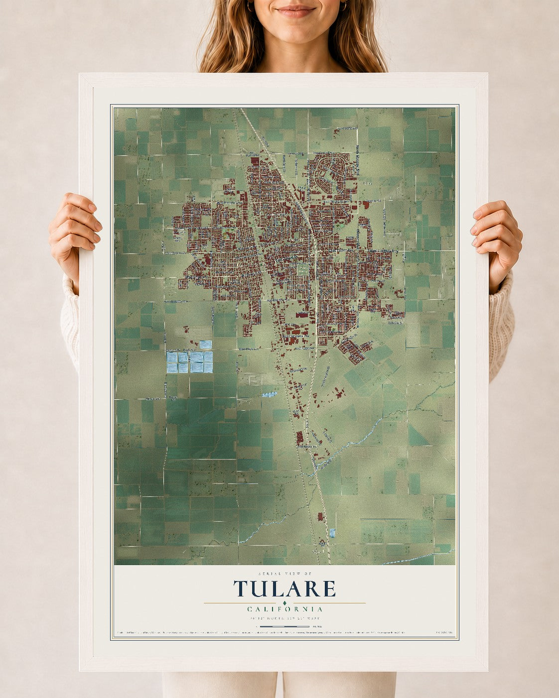 Map of Tulare, California, 24 x 36 inch print in a white wood frame