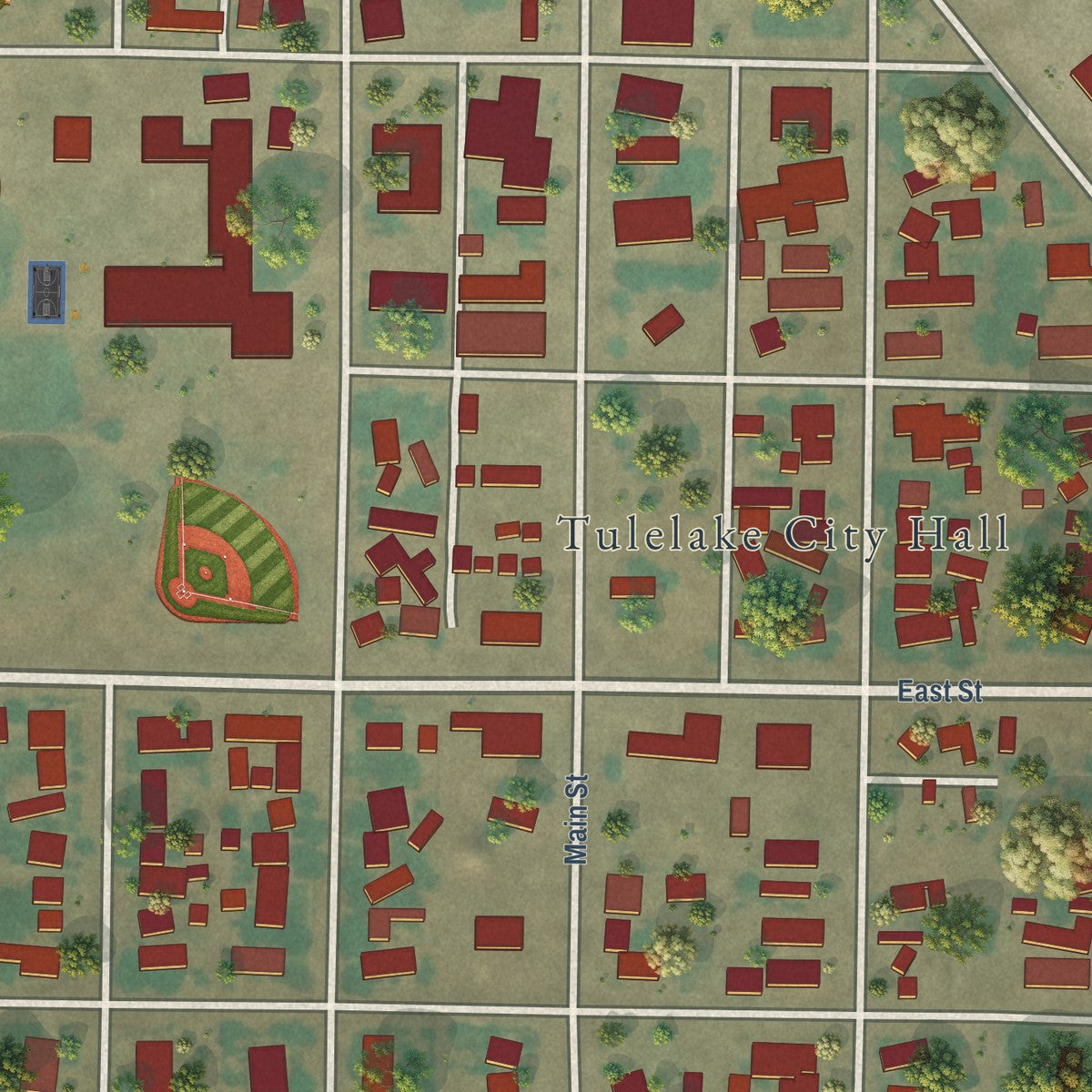 Close-up of the map of Tulelake, California print showing street and building detail
