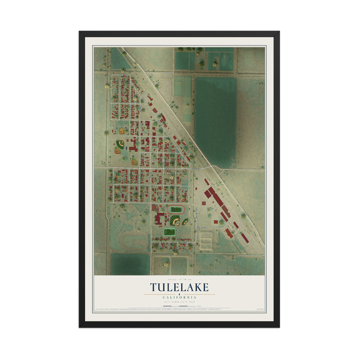 Map of Tulelake, California, 12 x 18 inch print in a black wood frame