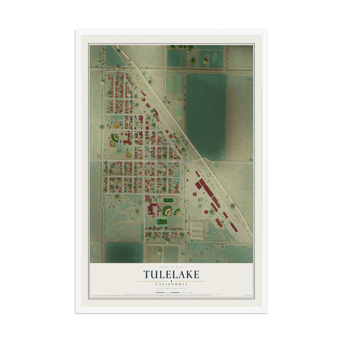Map of Tulelake, California, 12 x 18 inch print in a white wood frame