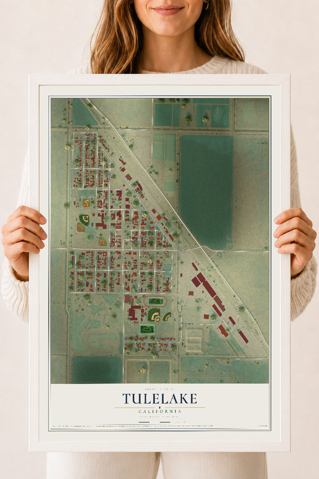 Map of Tulelake, California, 18 x 24 inch print in a white wood frame