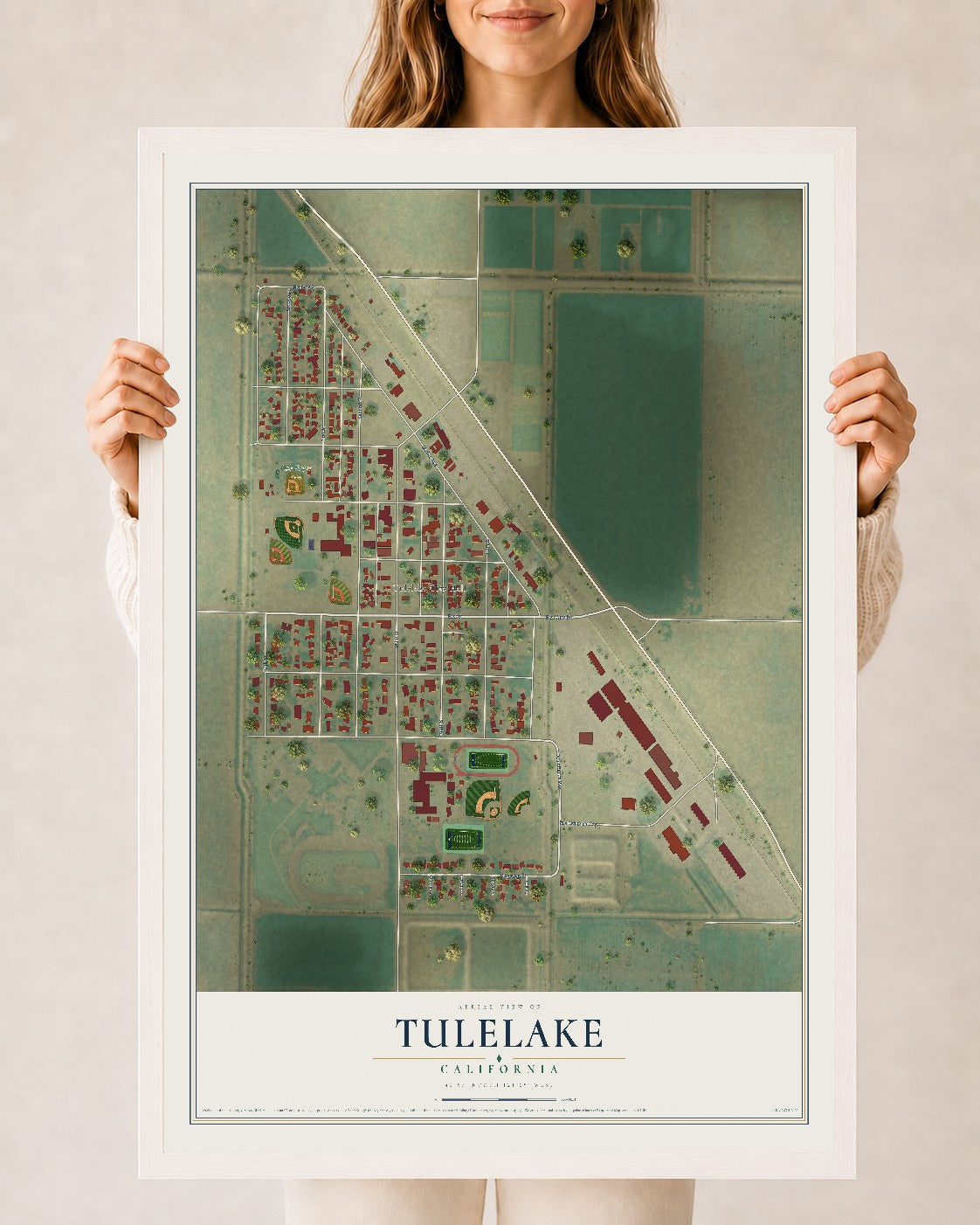 Map of Tulelake, California, 24 x 36 inch print in a white wood frame