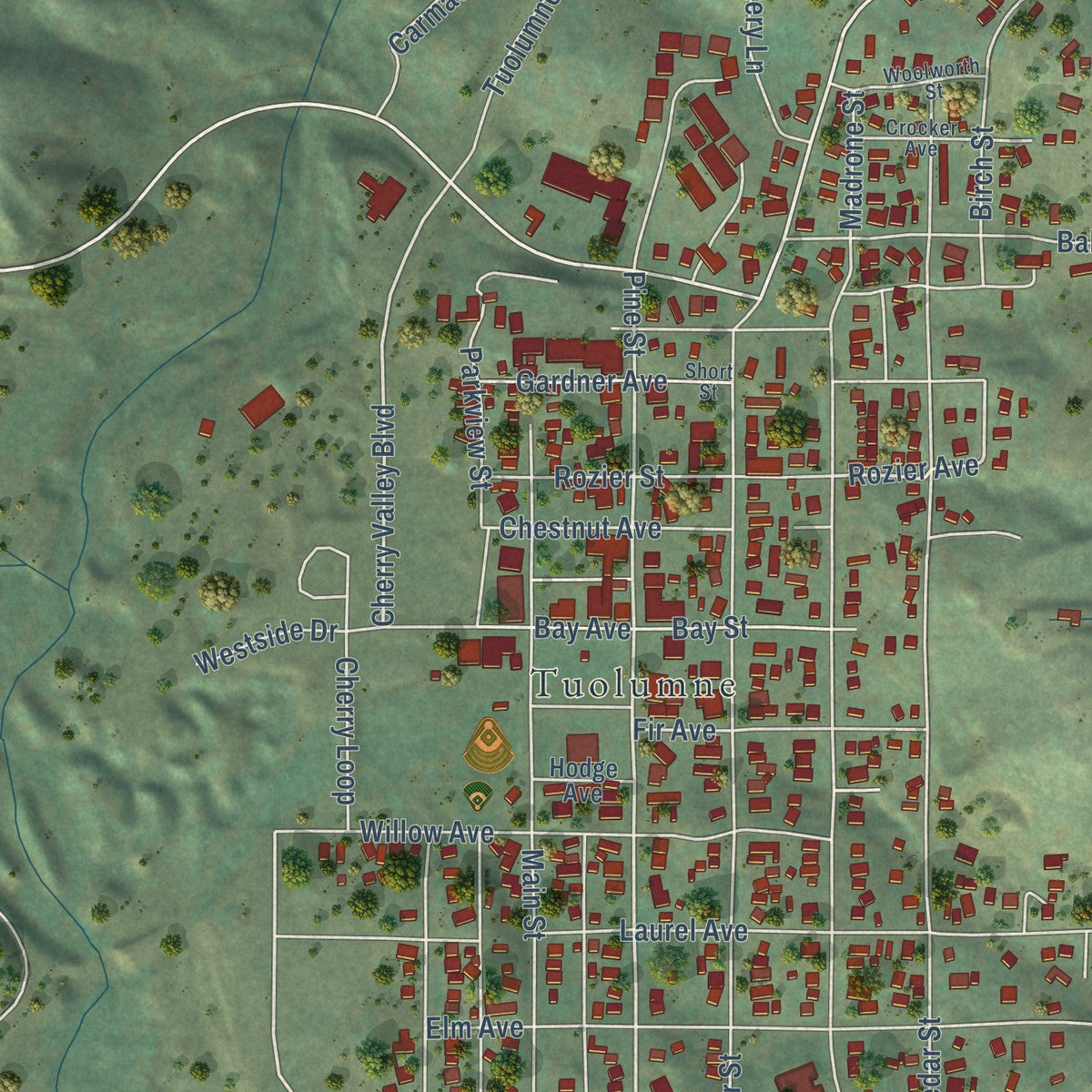 Close-up of the map of Tuolumne City, California print showing street and building detail