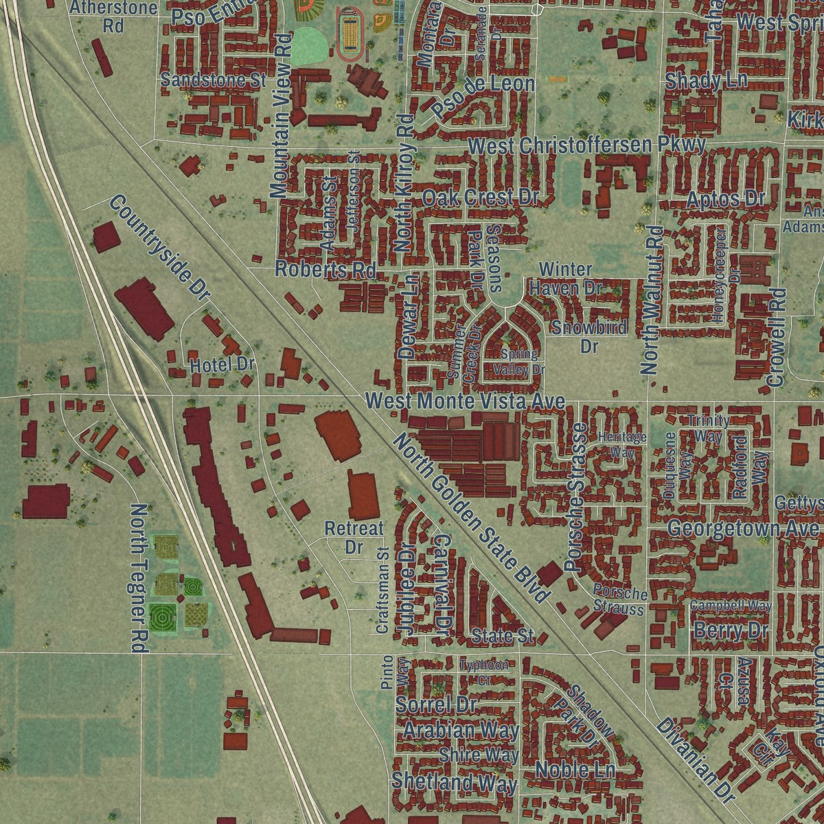 Second close-up of the map of Turlock, California print showing more streets and buildings
