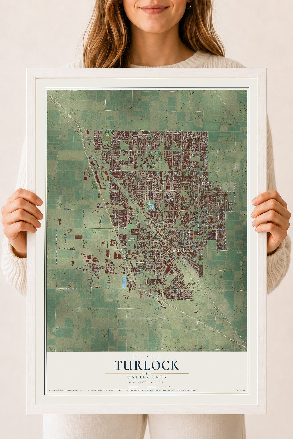 Map of Turlock, California, 18 x 24 inch print in a white wood frame