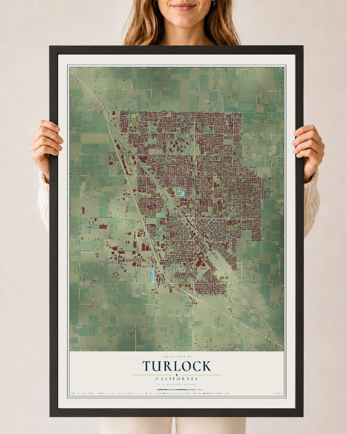 Map of Turlock, California, 24 x 36 inch print in a black wood frame