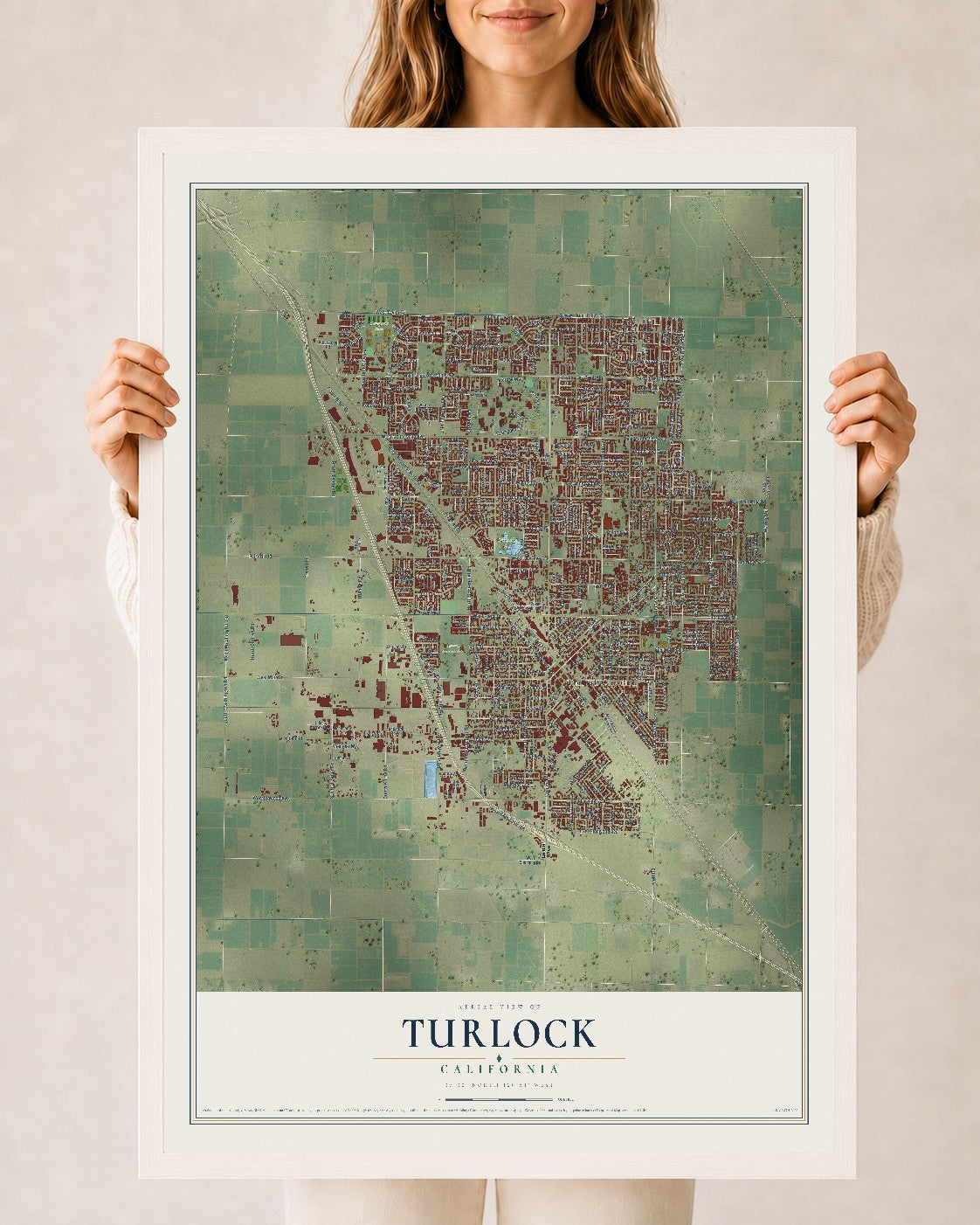 Map of Turlock, California, 24 x 36 inch print in a white wood frame