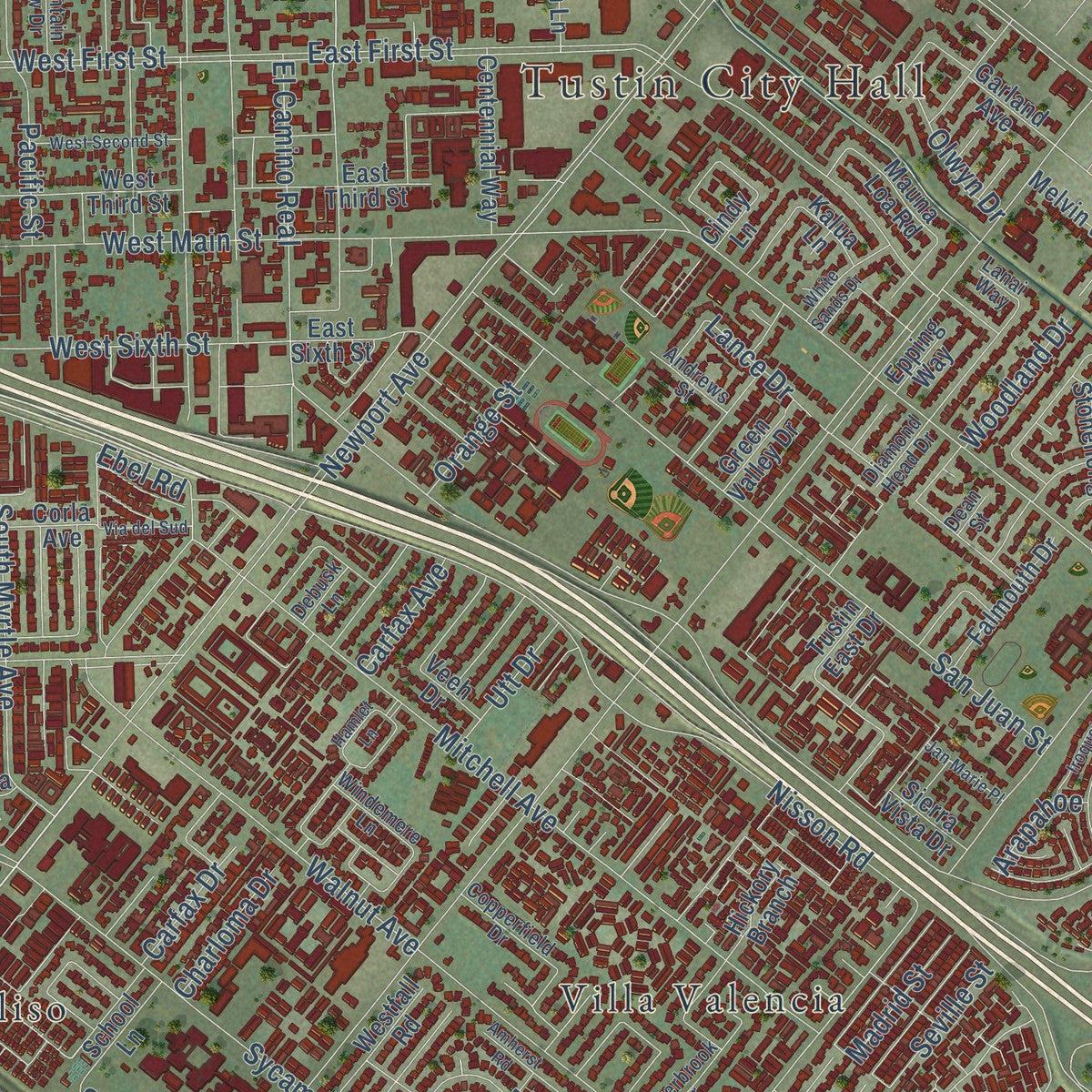 Close-up of the map of Tustin, California print showing street and building detail