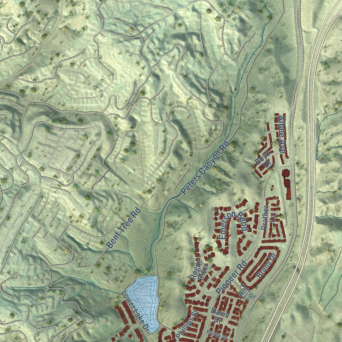 Second close-up of the map of Tustin, California print showing more streets and buildings