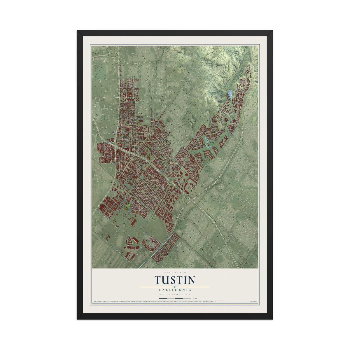 Map of Tustin, California, 12 x 18 inch print in a black wood frame