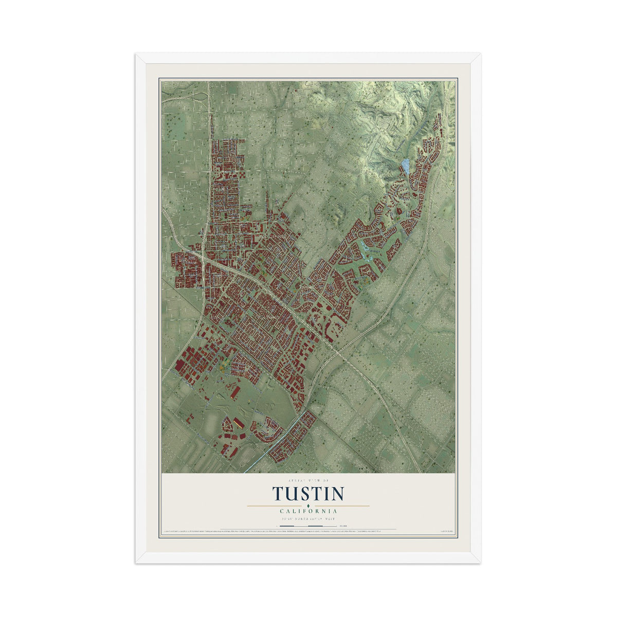 Map of Tustin, California, 12 x 18 inch print in a white wood frame