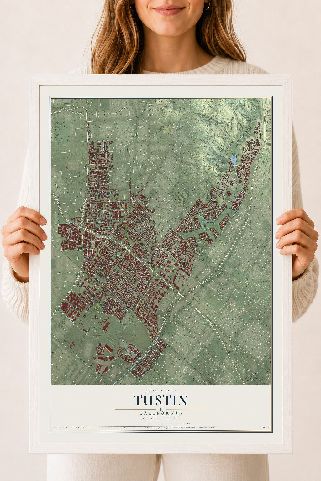 Map of Tustin, California, 18 x 24 inch print in a white wood frame