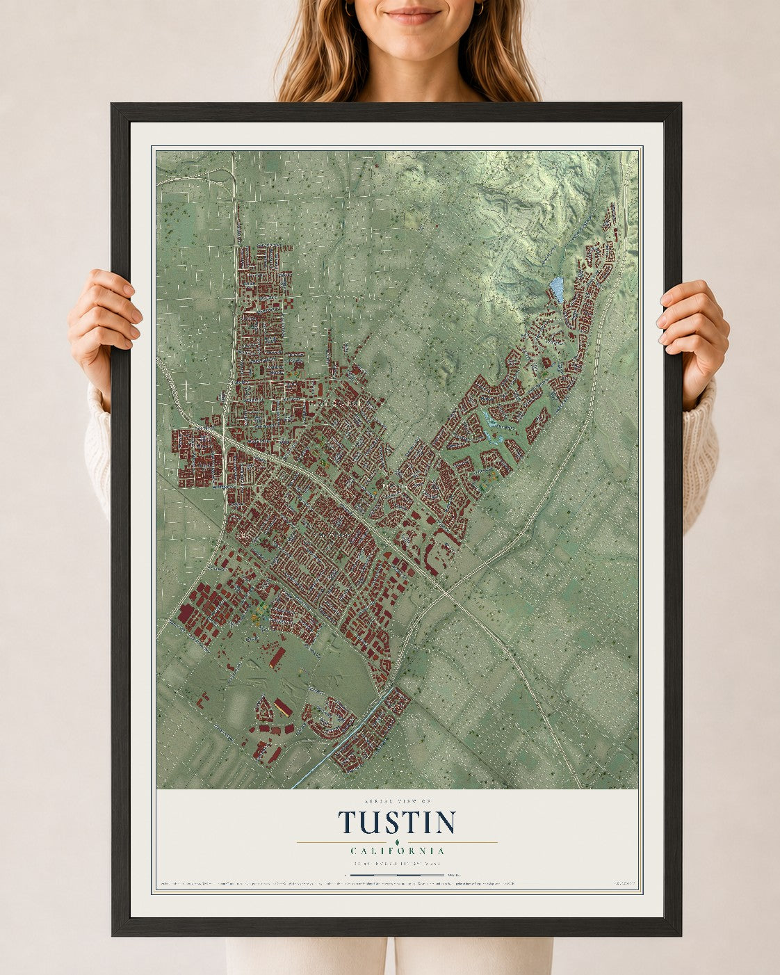Map of Tustin, California, 24 x 36 inch print in a black wood frame