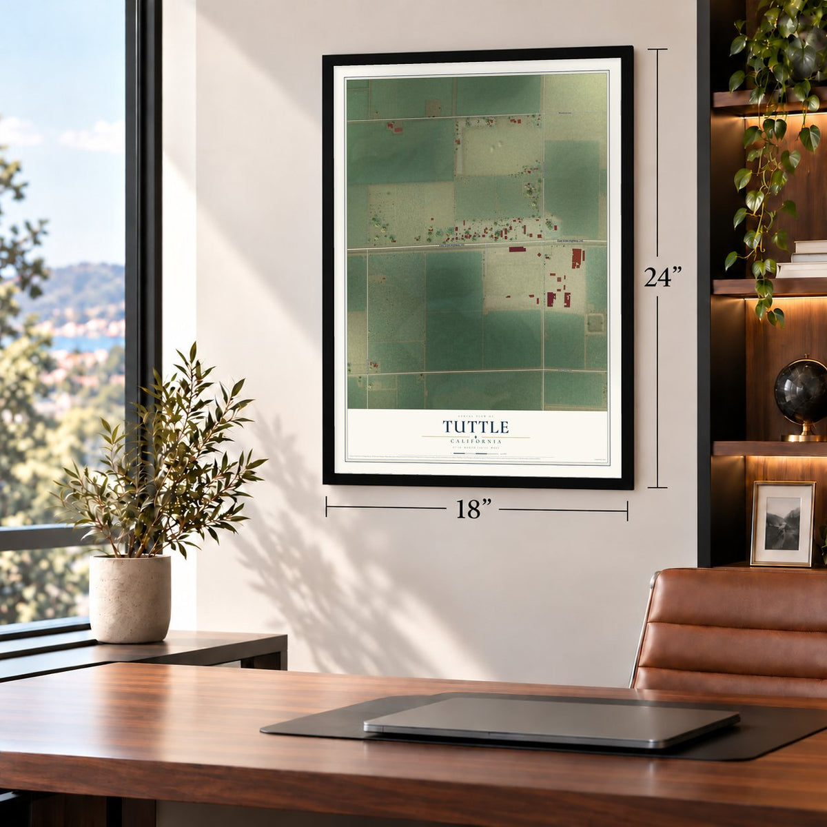 Tuttle, California map, 18 x 24 inch print in a black frame in a home office
