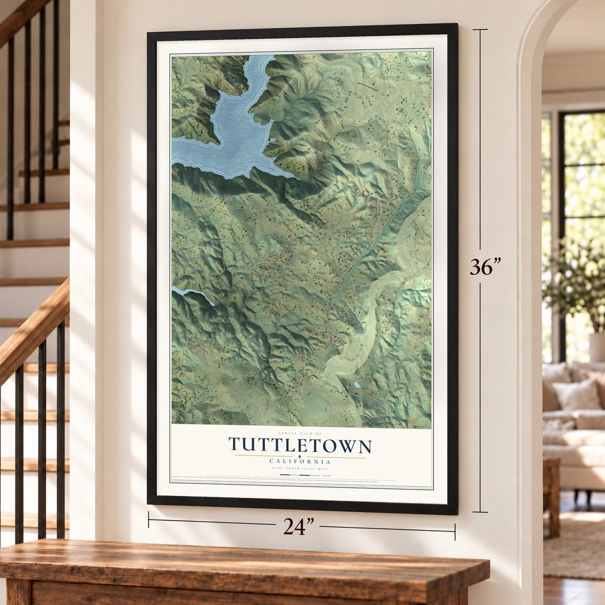 Tuttletown, California map, 24 x 36 inch print in a black frame by a staircase