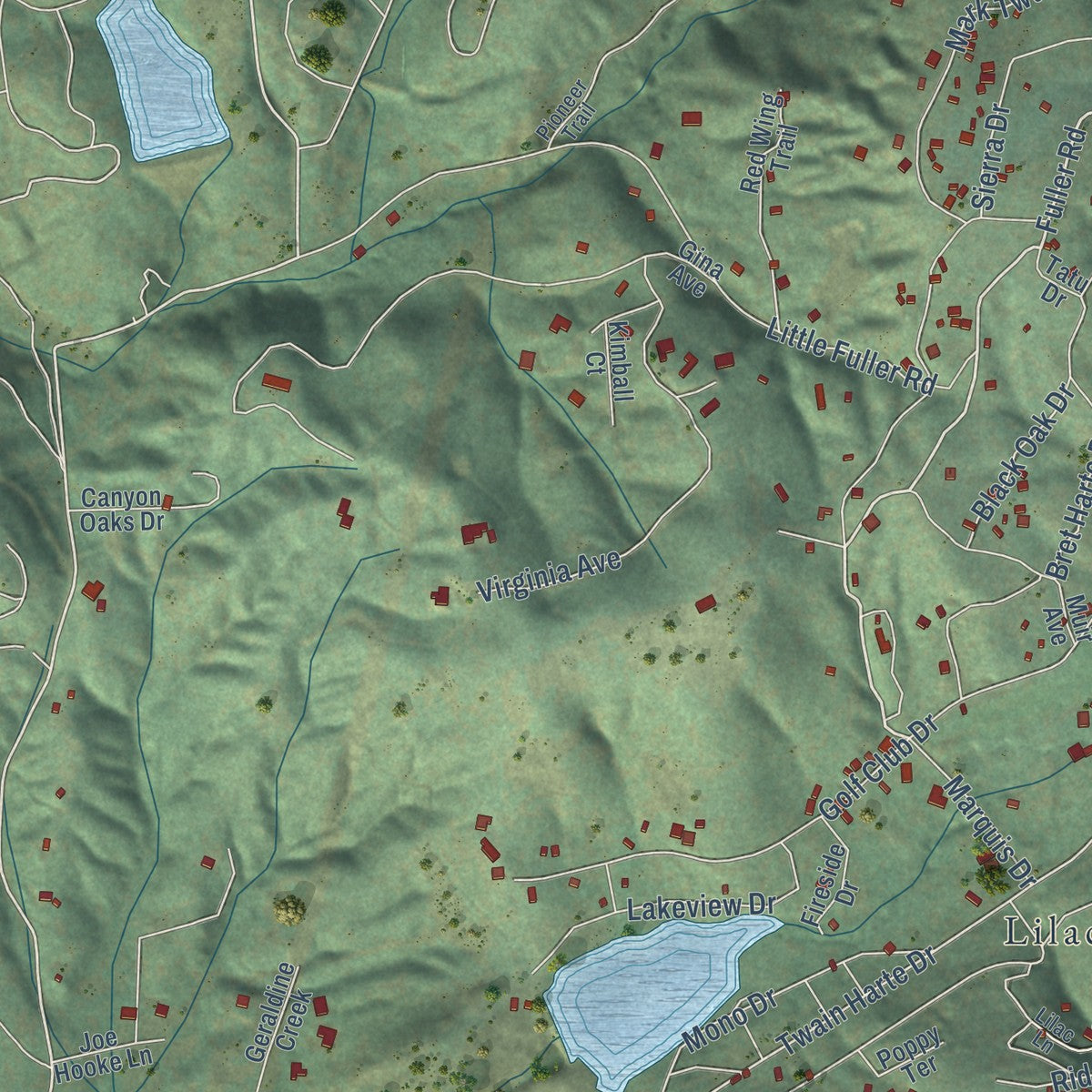 Second close-up of the map of Twain Harte, California print showing more streets and buildings