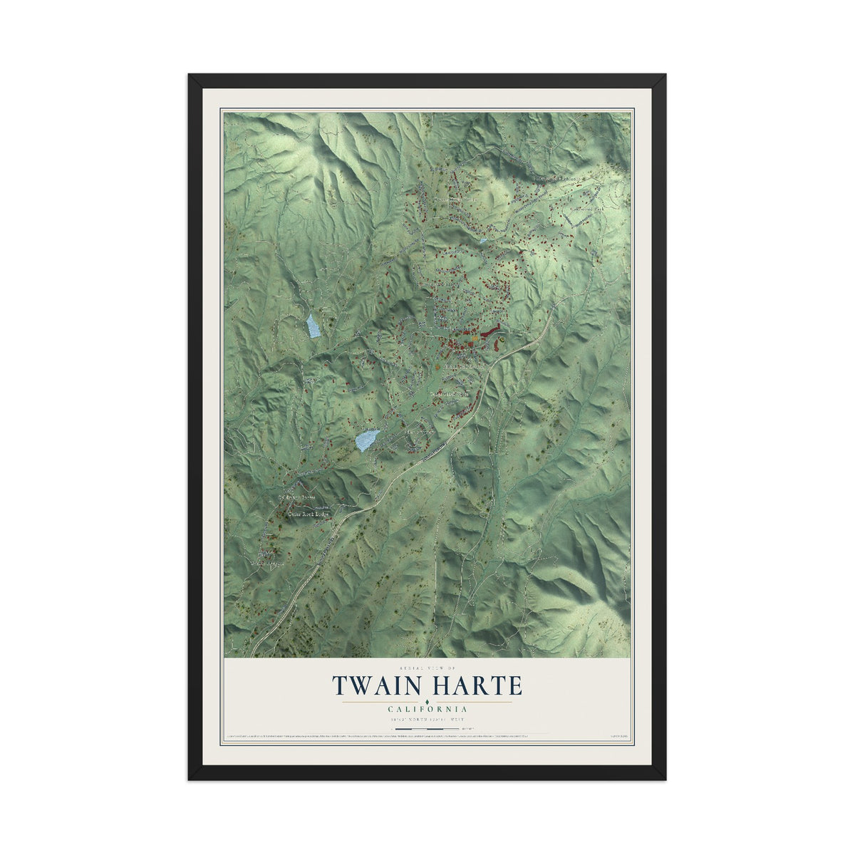 Map of Twain Harte, California, 12 x 18 inch print in a black wood frame