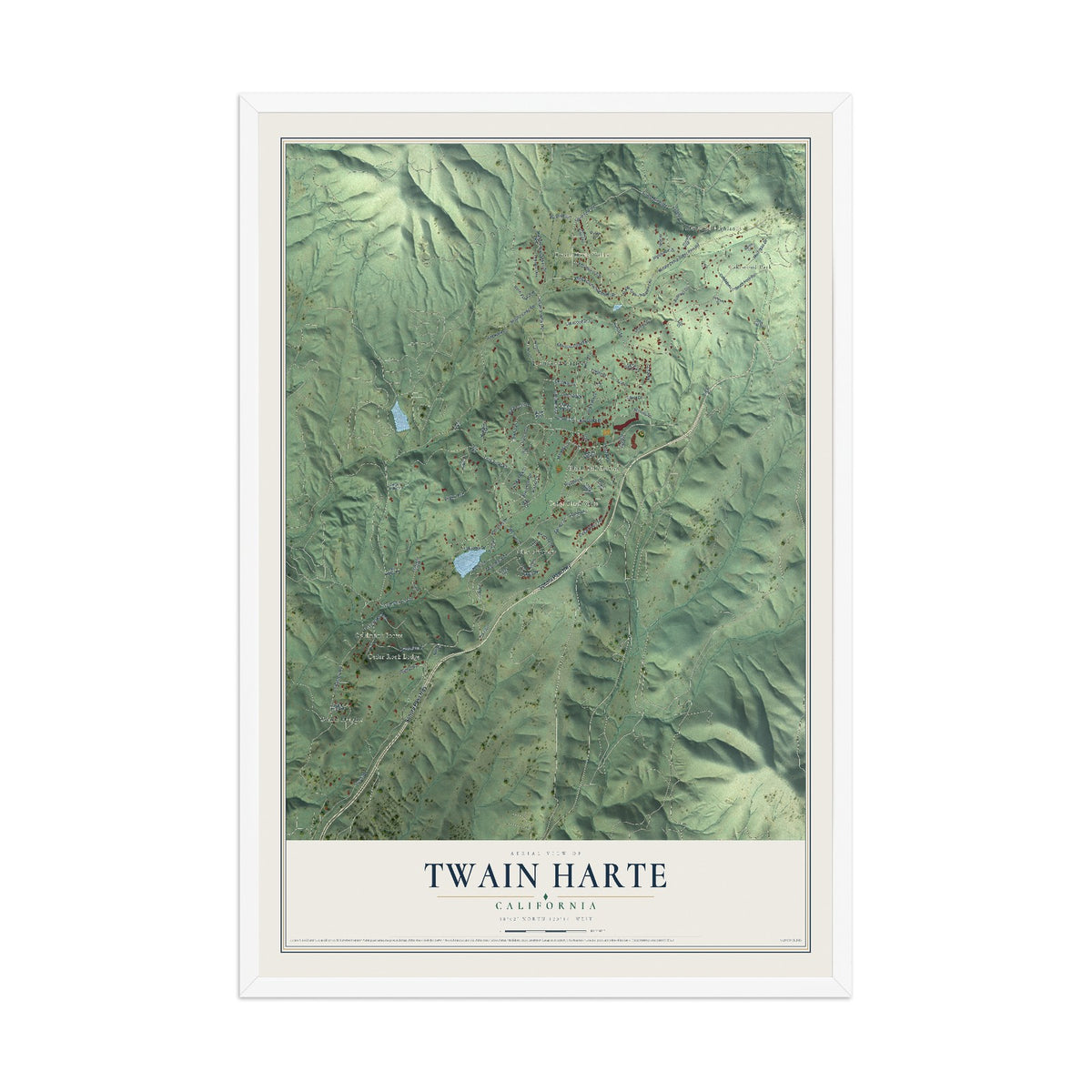 Map of Twain Harte, California, 12 x 18 inch print in a white wood frame