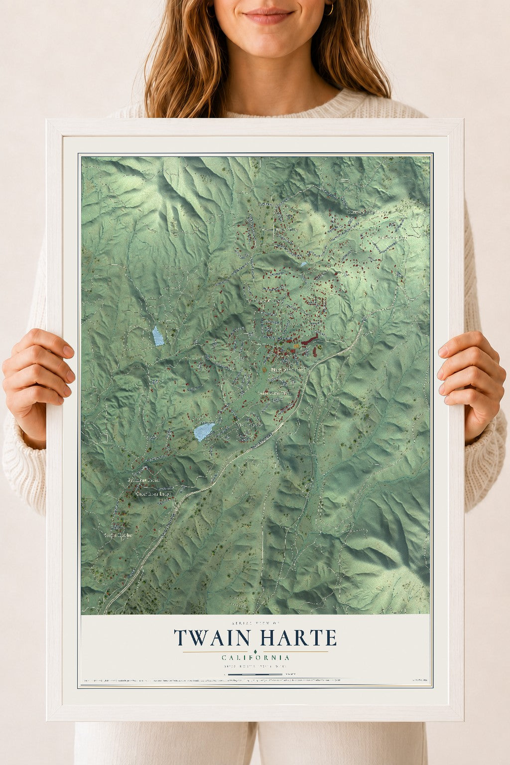 Map of Twain Harte, California, 18 x 24 inch print in a white wood frame