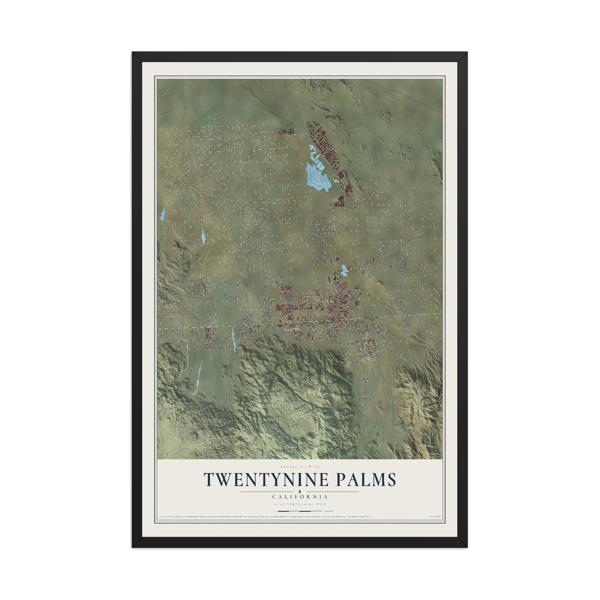 Map of Twentynine Palms, California, 12 x 18 inch print in a black wood frame