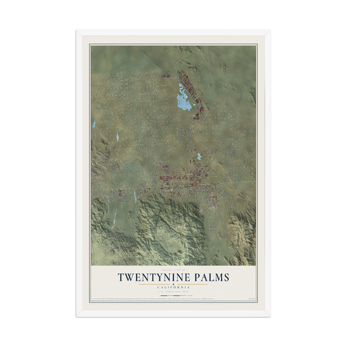 Map of Twentynine Palms, California, 12 x 18 inch print in a white wood frame