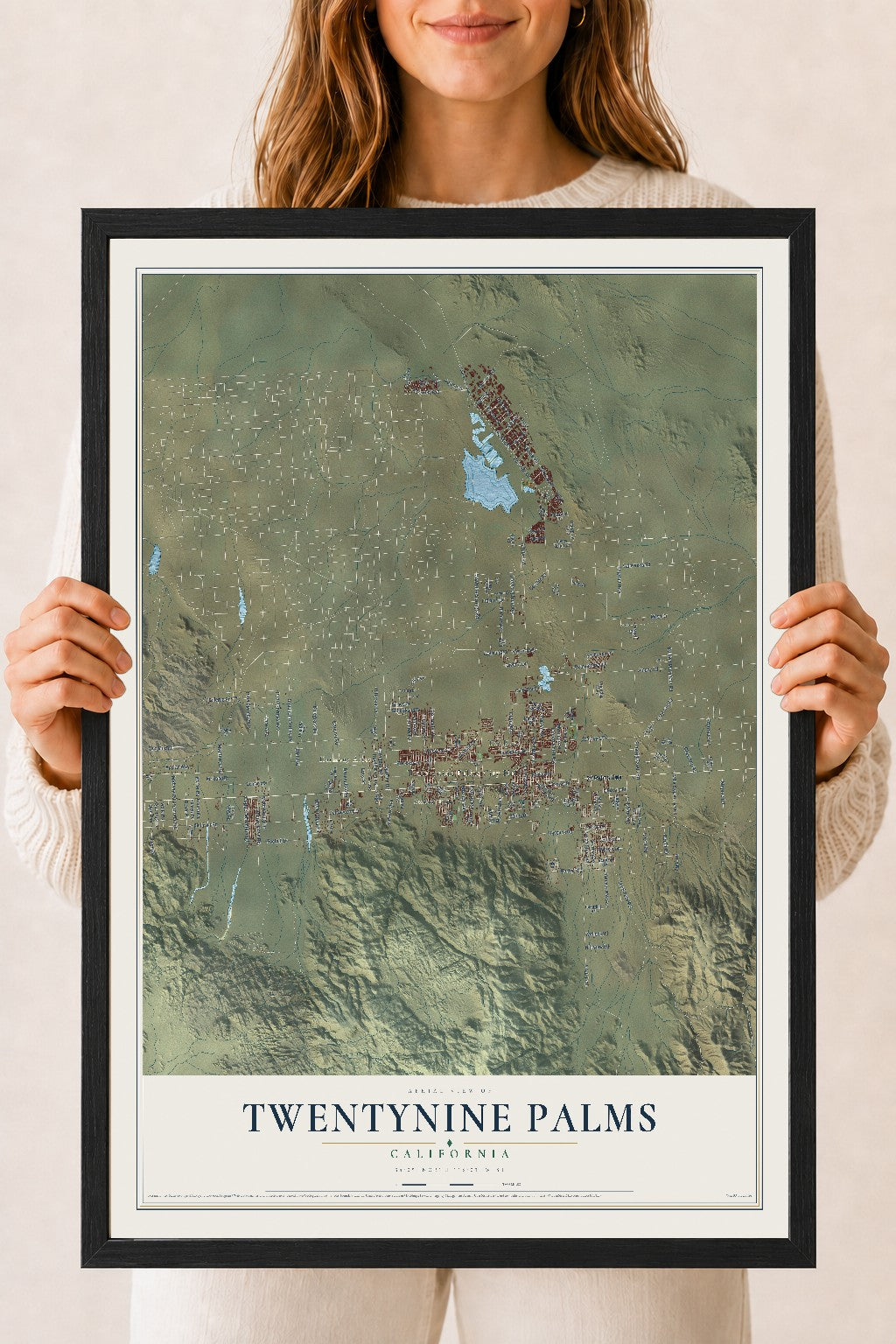 Map of Twentynine Palms, California, 18 x 24 inch print in a black wood frame