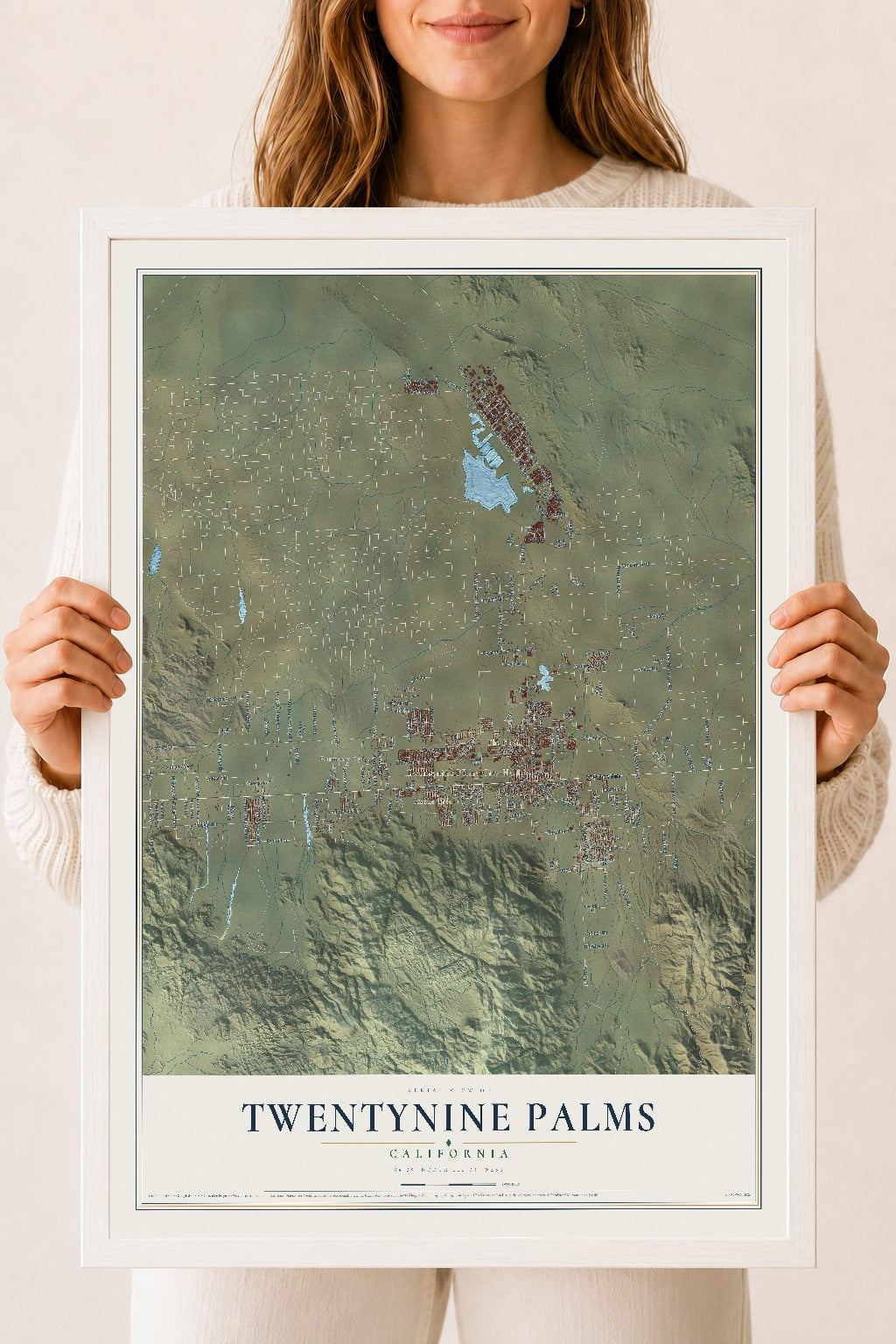 Map of Twentynine Palms, California, 18 x 24 inch print in a white wood frame