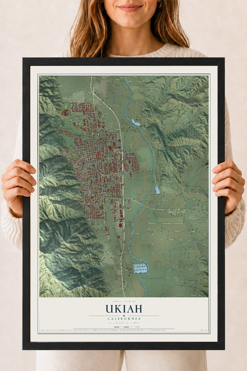 Map of Ukiah, California, 18 x 24 inch print in a black wood frame