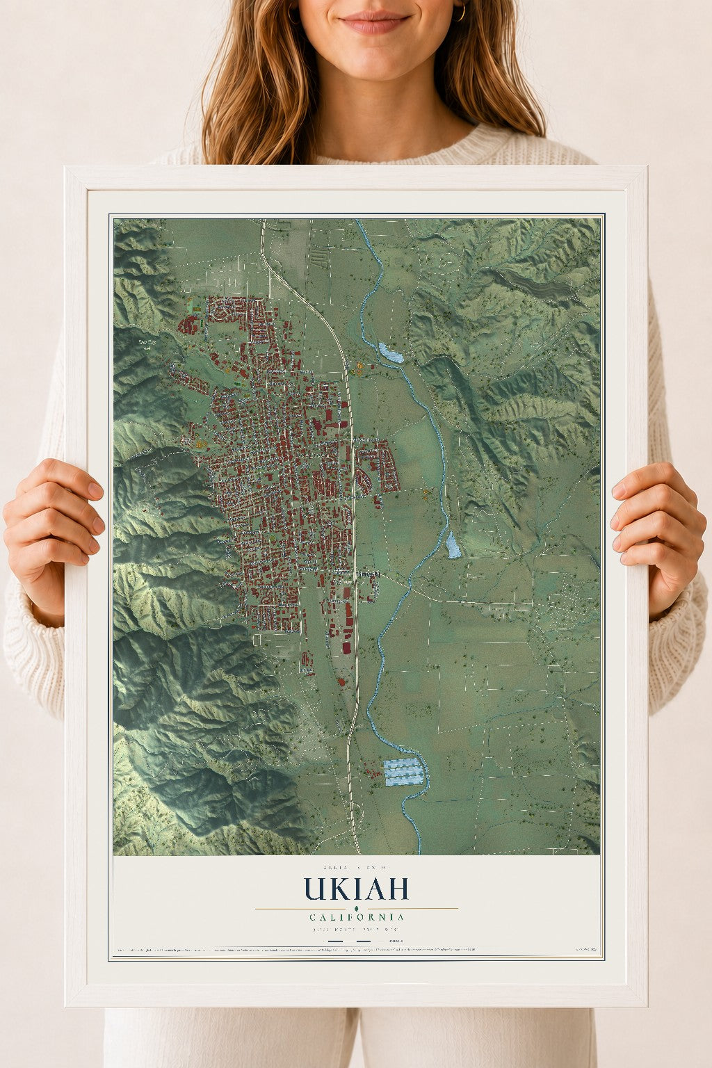 Map of Ukiah, California, 18 x 24 inch print in a white wood frame