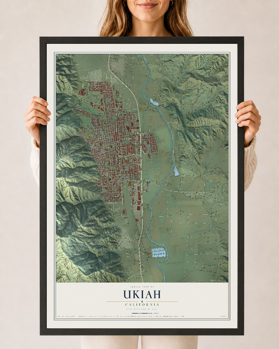 Map of Ukiah, California, 24 x 36 inch print in a black wood frame