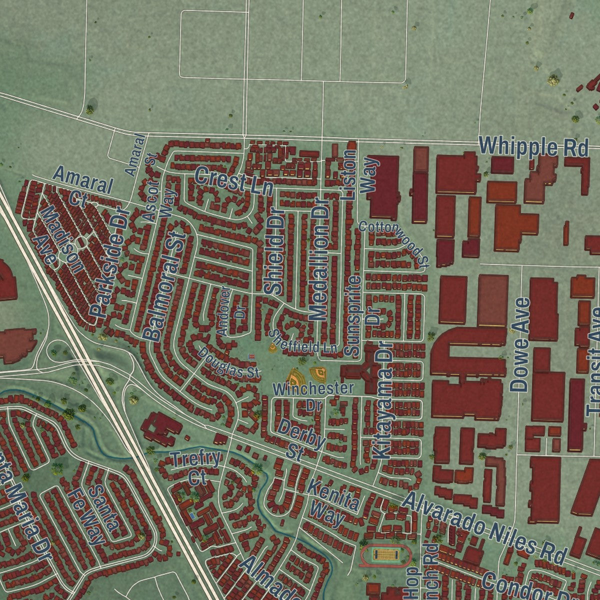 Second close-up of the map of Union City, California print showing more streets and buildings