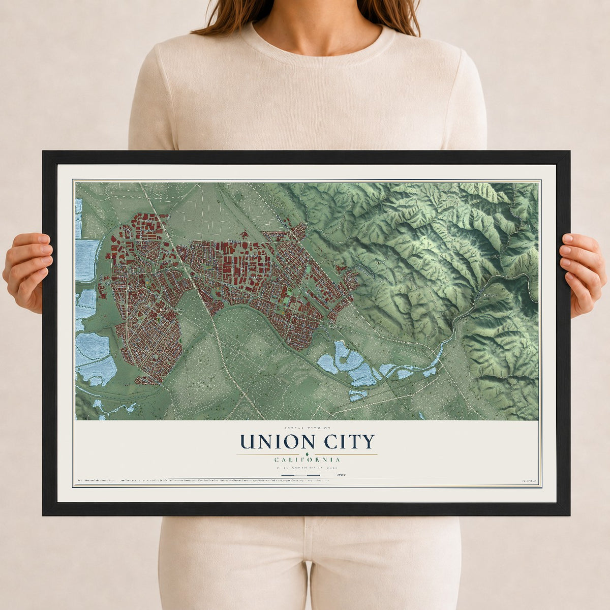 Map of Union City, California, 12 x 18 inch print in a black wood frame