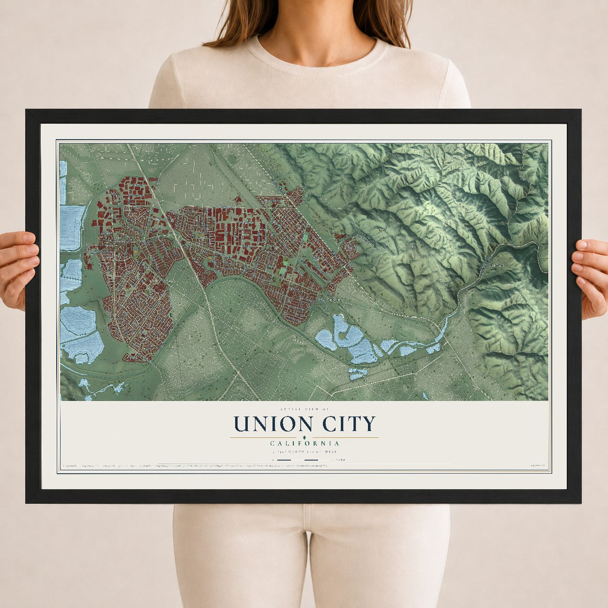 Map of Union City, California, 18 x 24 inch print in a black wood frame