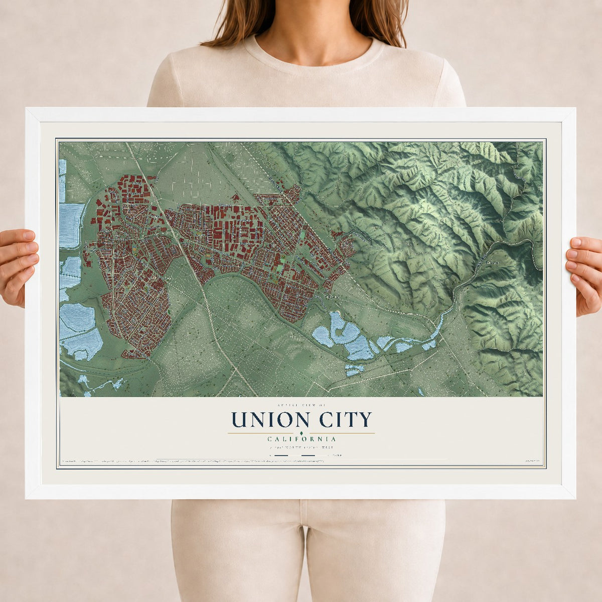 Map of Union City, California, 18 x 24 inch print in a white wood frame