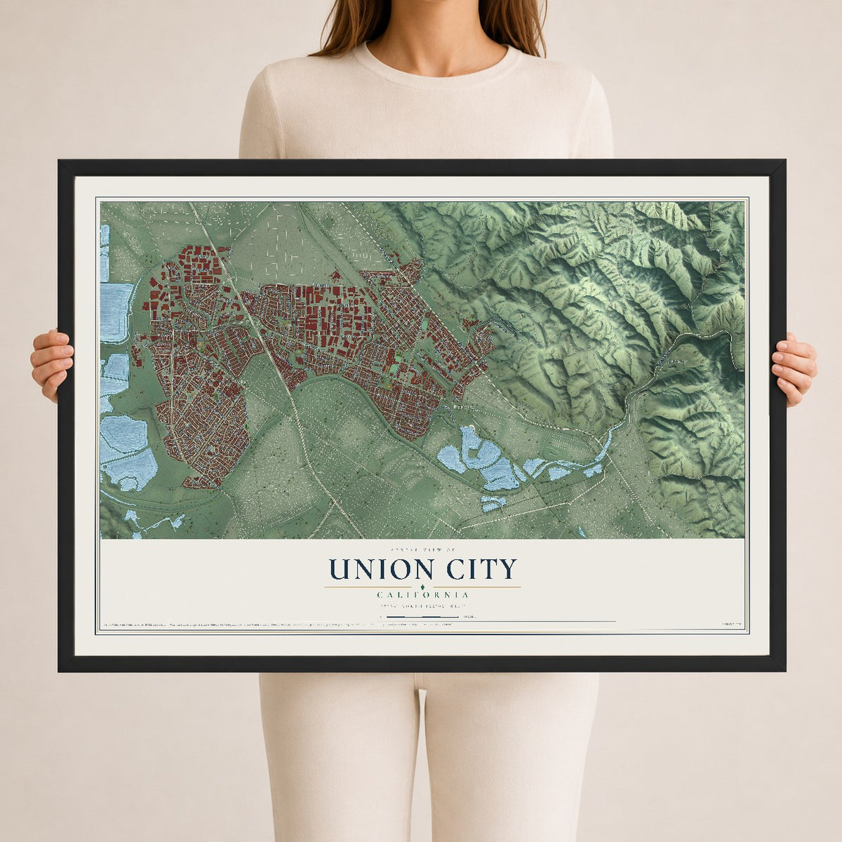 Map of Union City, California, 24 x 36 inch print in a black wood frame