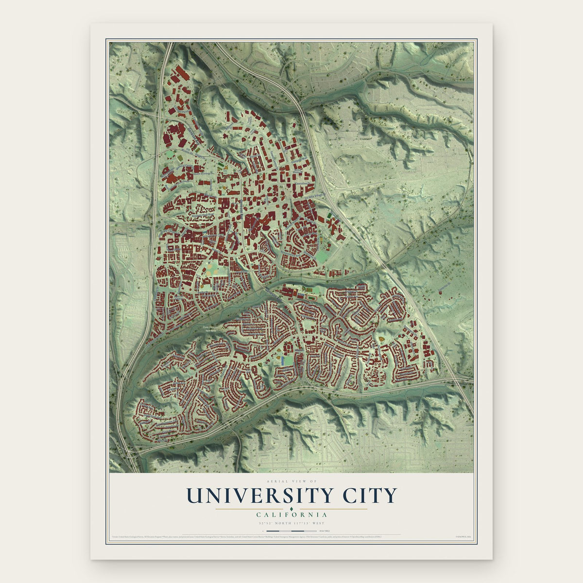 University City, California map print, the full design
