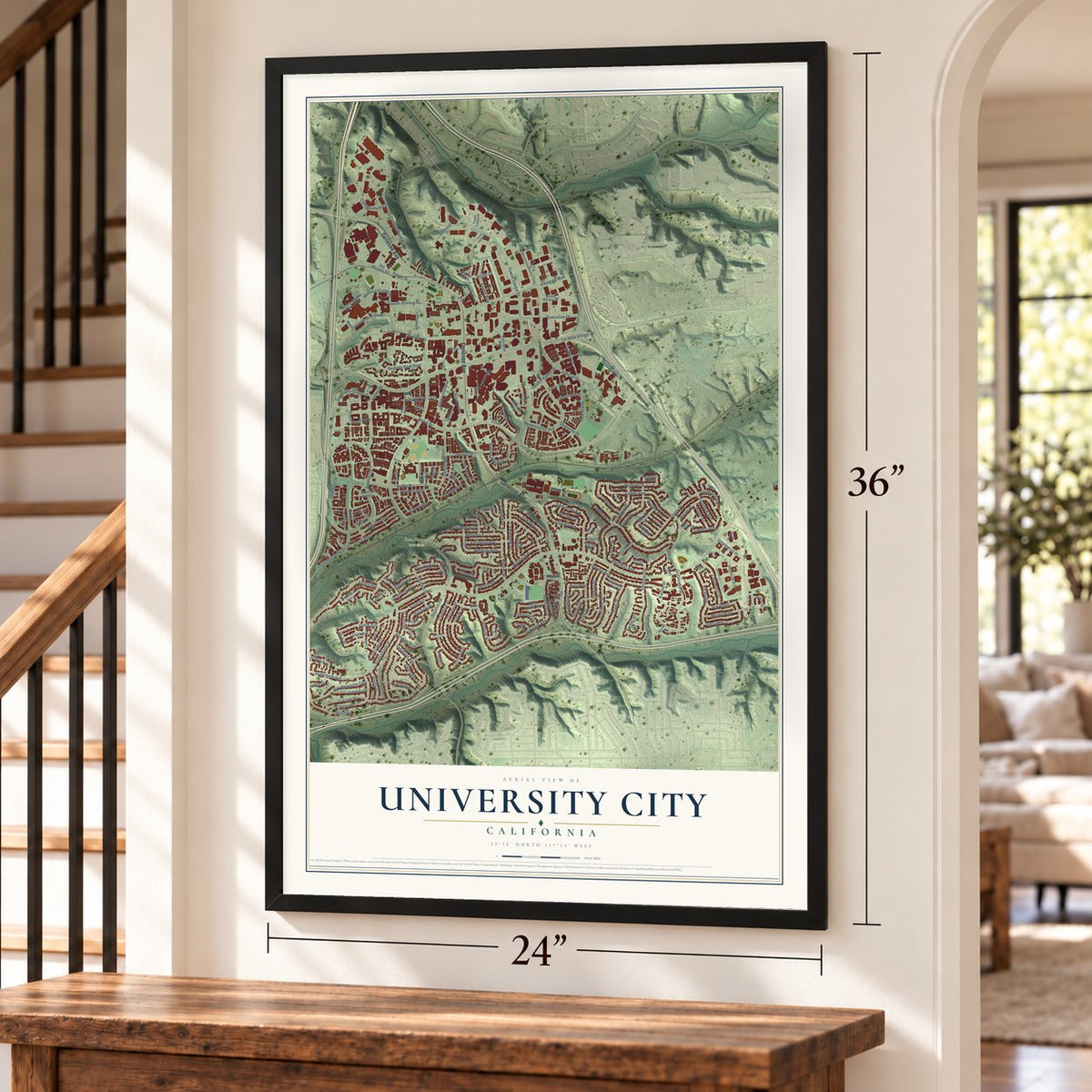 University City, California map, 24 x 36 inch print in a black frame by a staircase