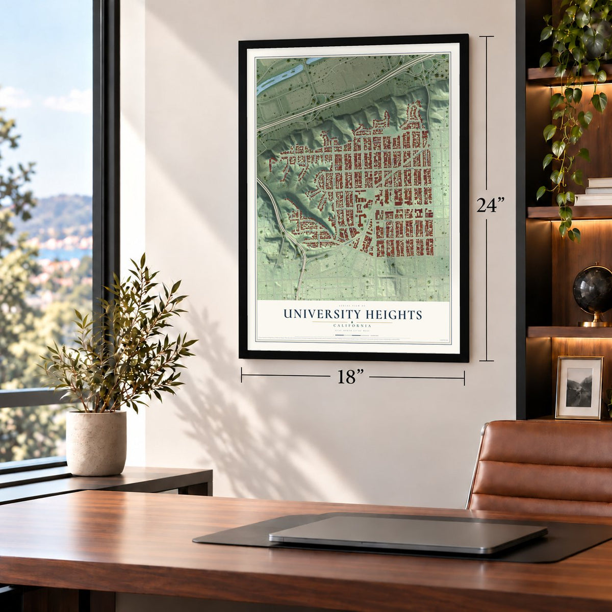 University Heights, California map, 18 x 24 inch print in a black frame in a home office
