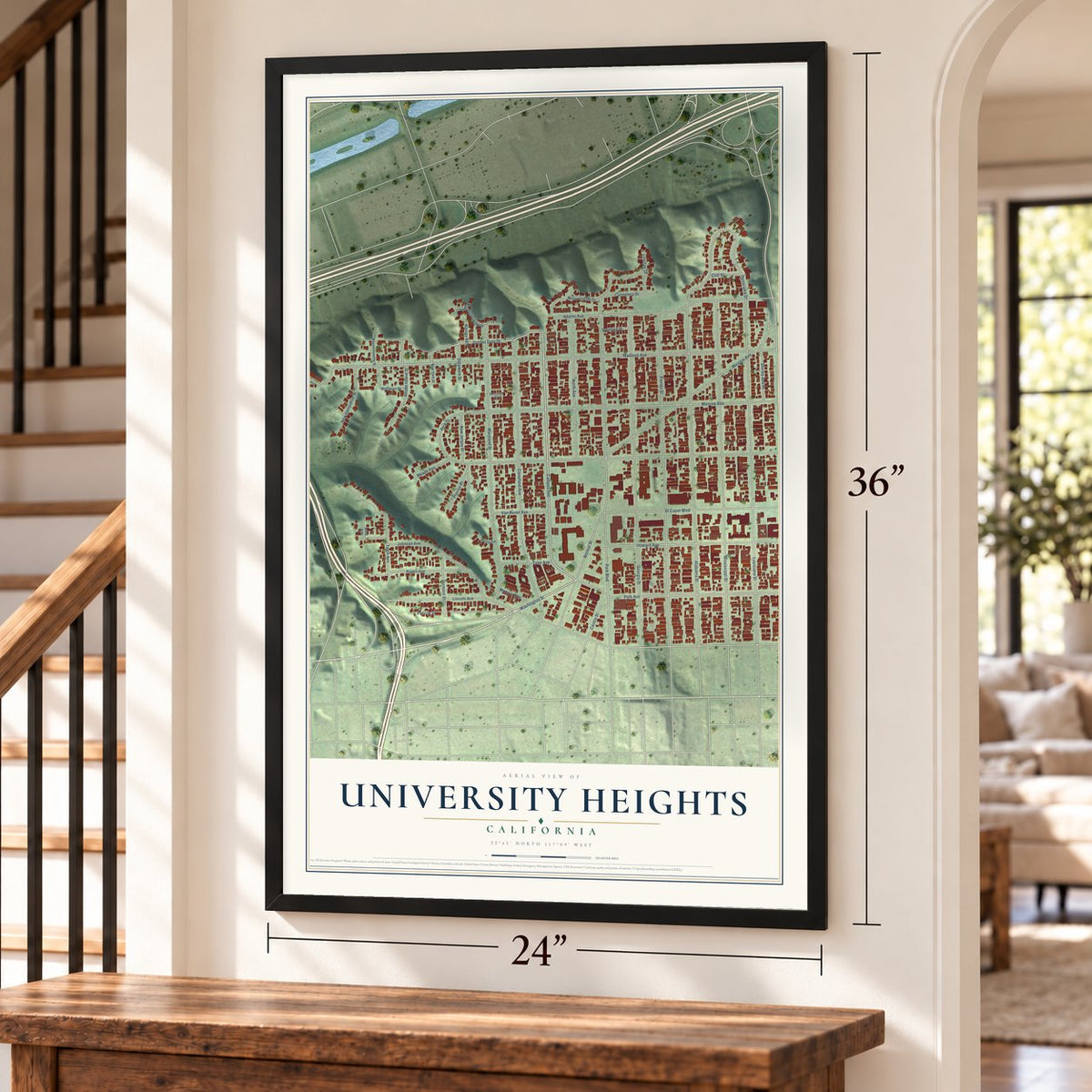 University Heights, California map, 24 x 36 inch print in a black frame by a staircase