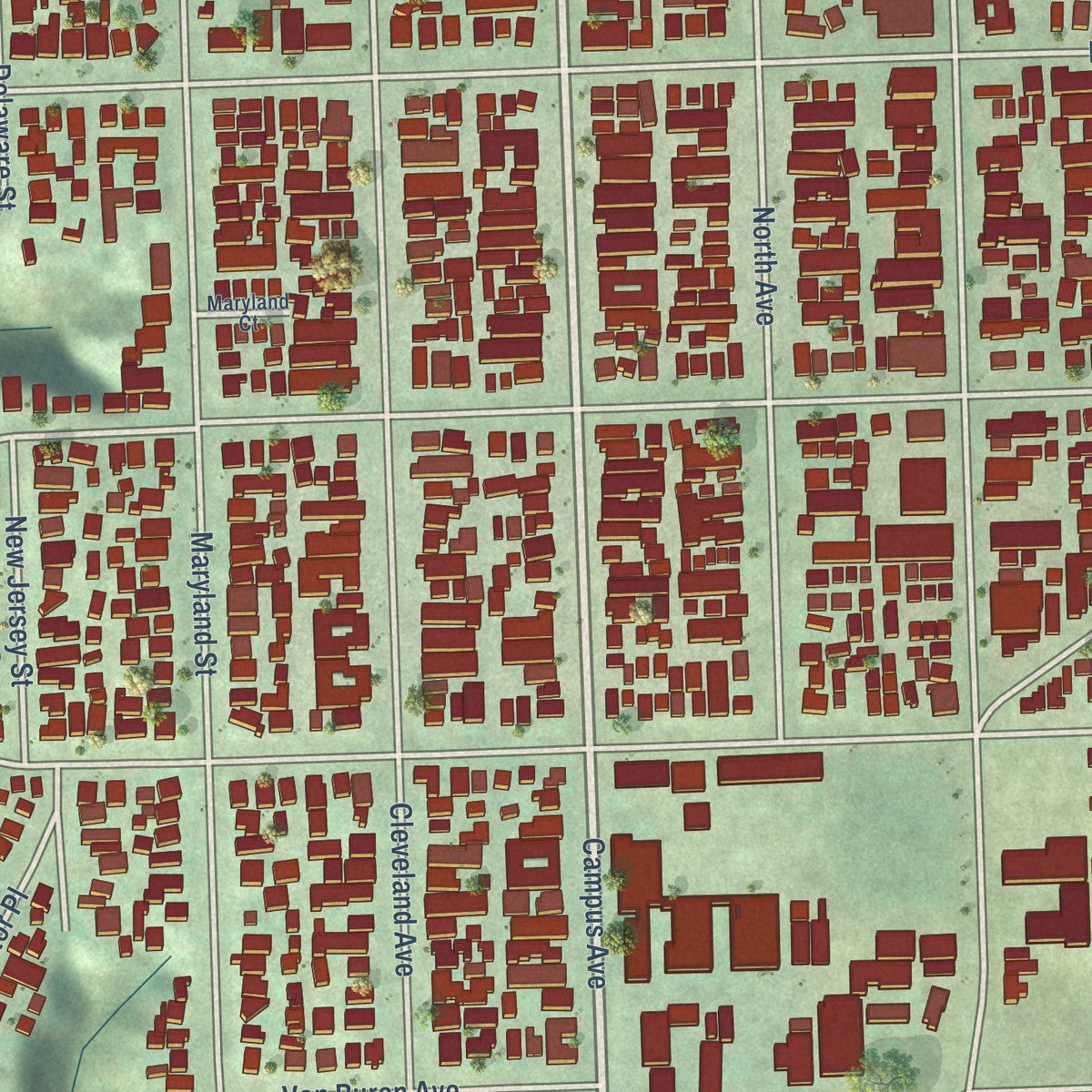 Close-up of the map of University Heights, California print showing street and building detail