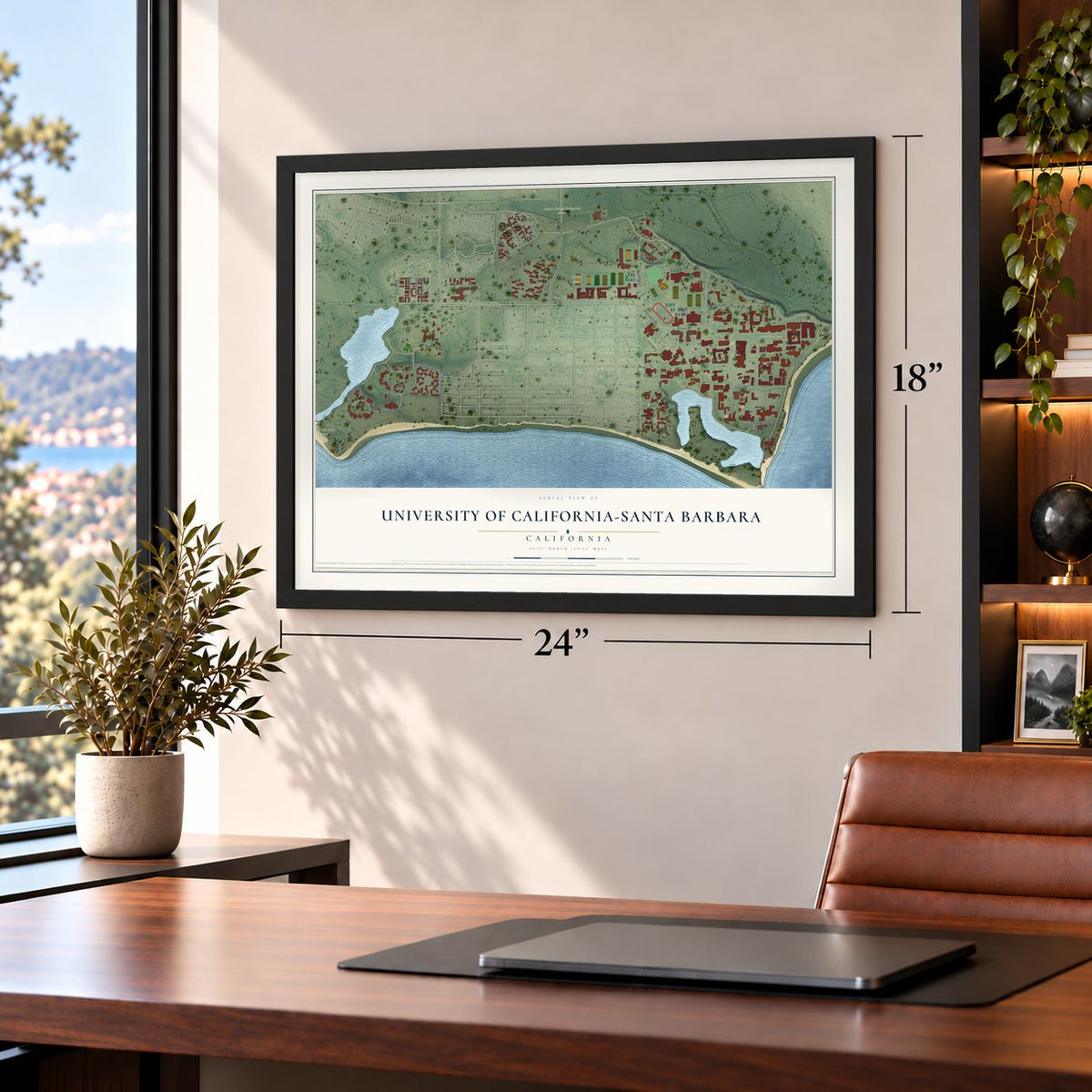 University of California-Santa Barbara, California map, 18 x 24 inch print in a black frame in a home office