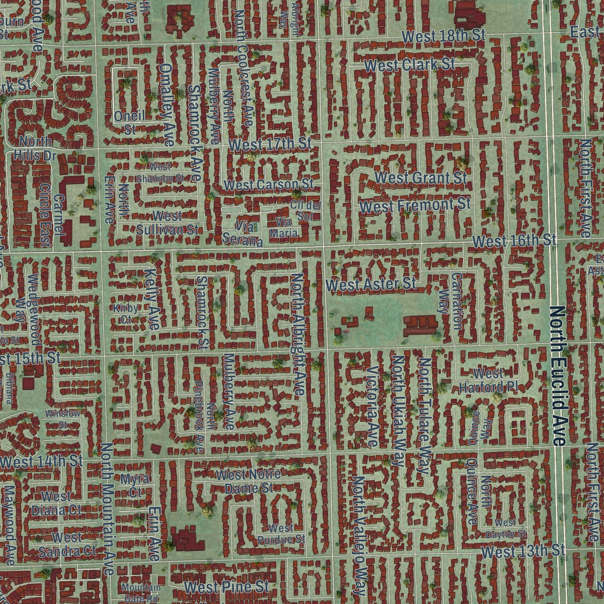 Close-up of the map of Upland, California print showing street and building detail
