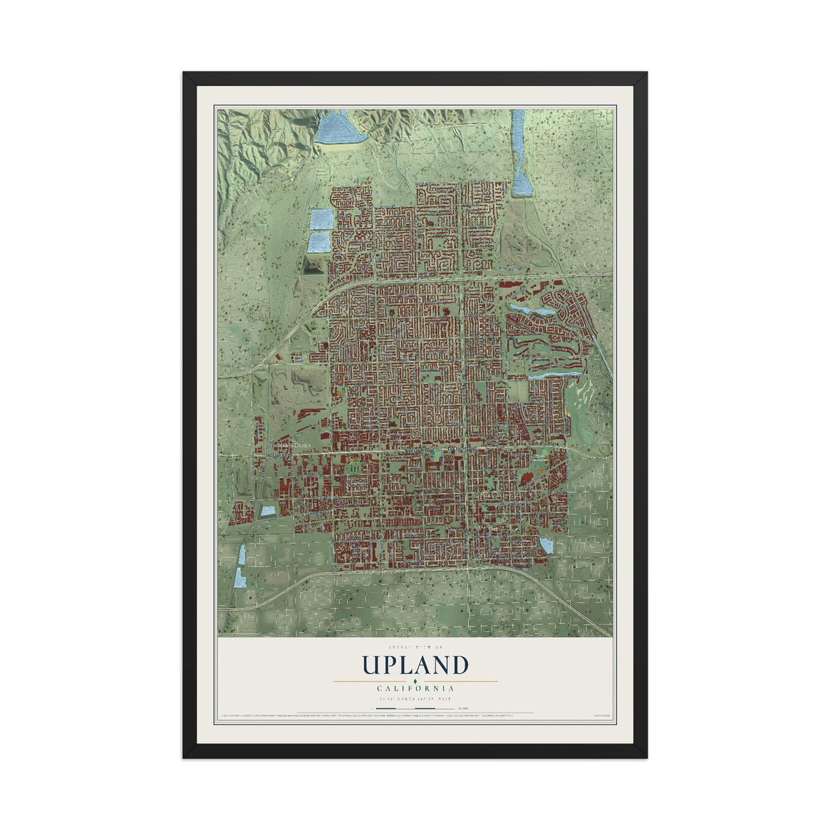 Map of Upland, California, 12 x 18 inch print in a black wood frame