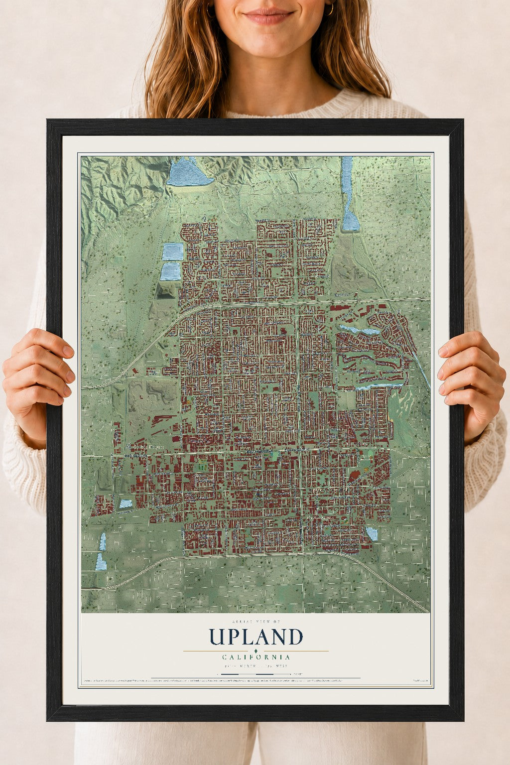 Map of Upland, California, 18 x 24 inch print in a black wood frame