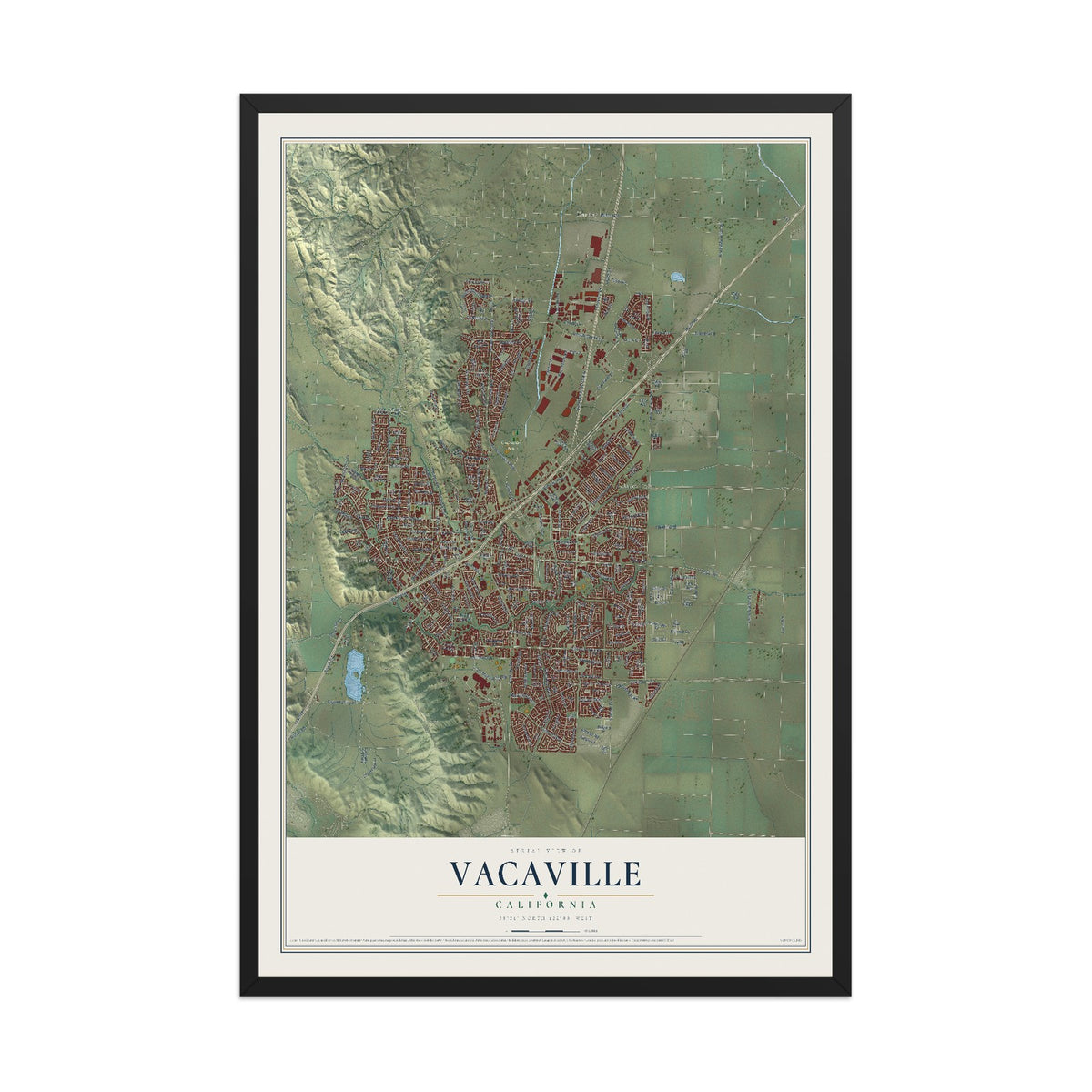 Map of Vacaville, California, 12 x 18 inch print in a black wood frame