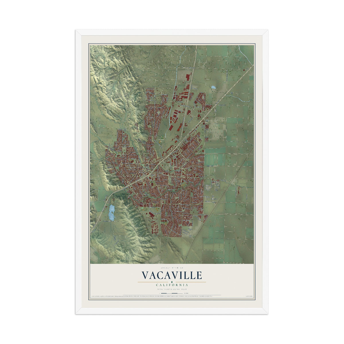 Map of Vacaville, California, 12 x 18 inch print in a white wood frame