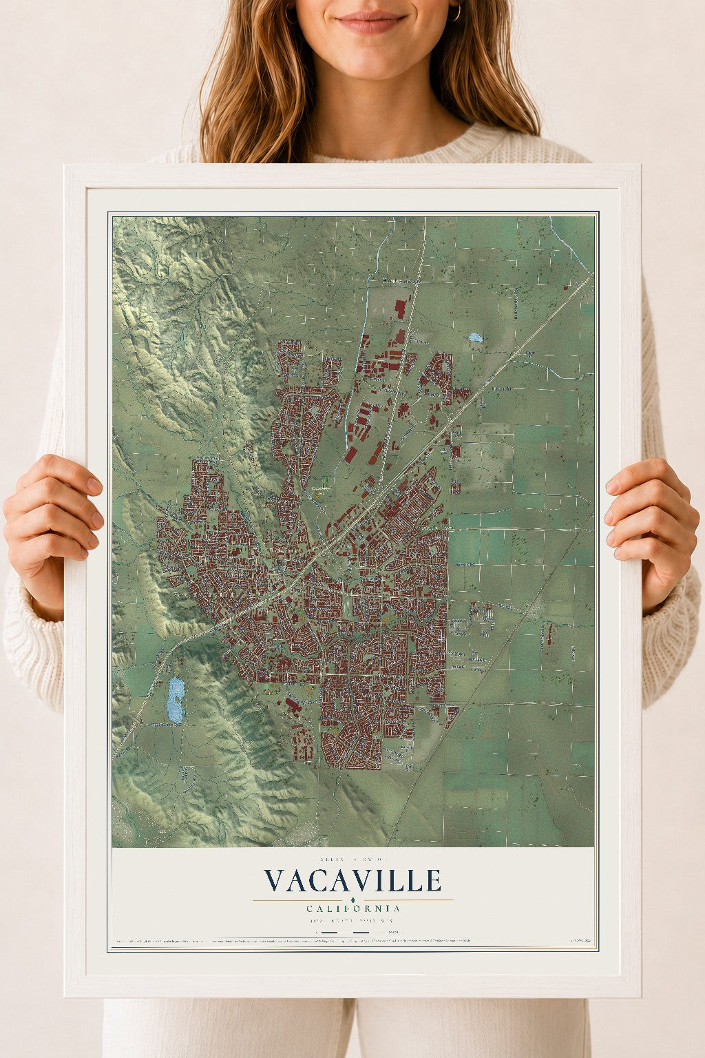 Map of Vacaville, California, 18 x 24 inch print in a white wood frame