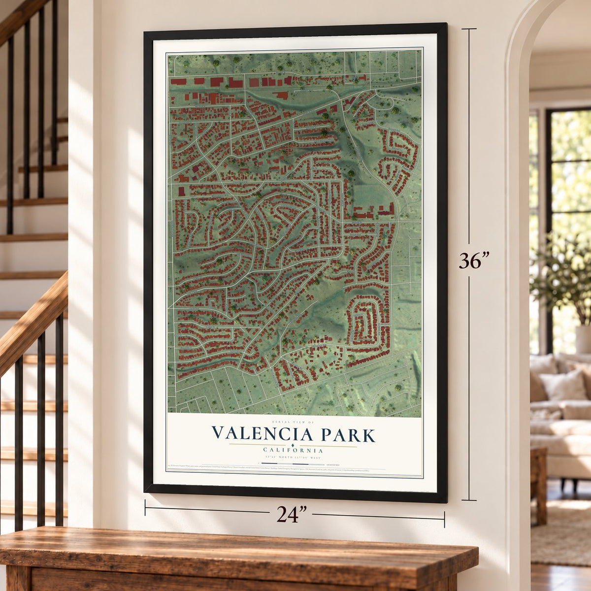 Valencia Park, California map, 24 x 36 inch print in a black frame by a staircase